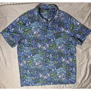Rorie Whelan Golf Polo Shirt Men’s XL Blue Tropical Nautical Print Stretch
